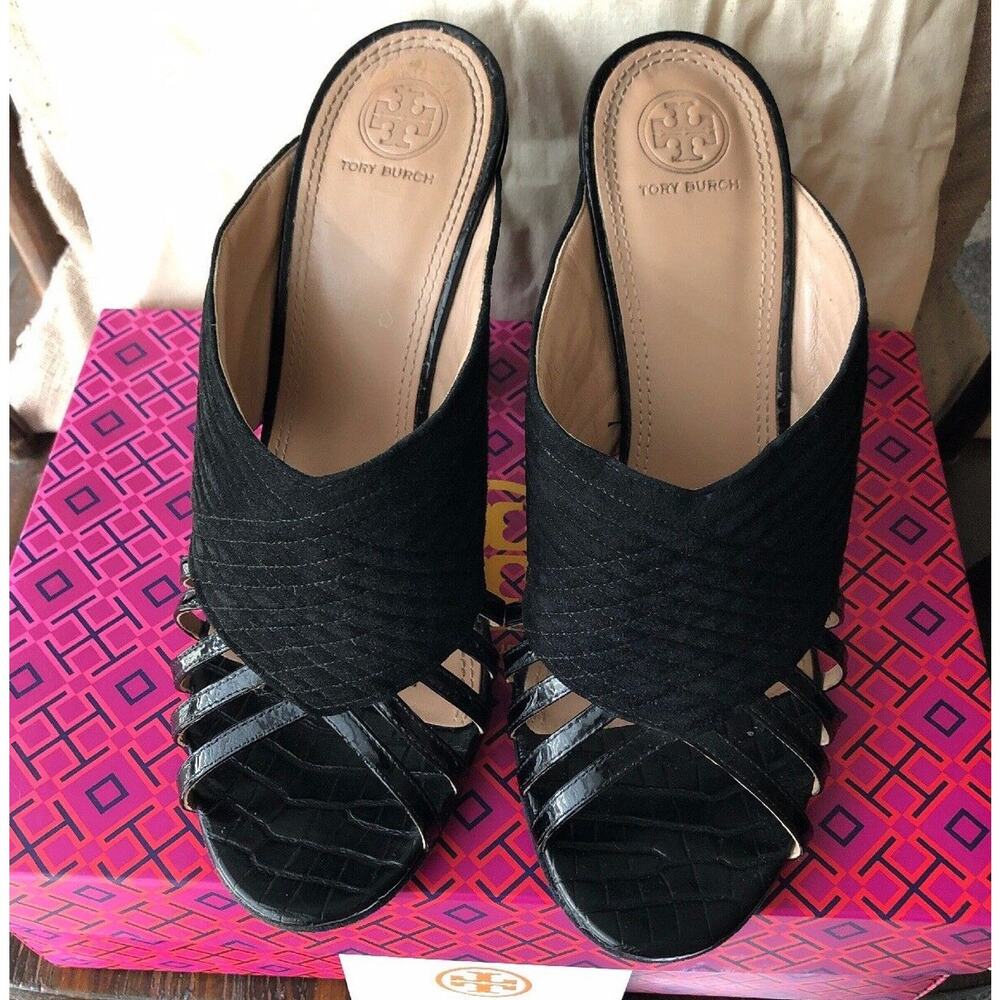 Tory Burch Mule Black Suede & Patent Leather Block Heel Sandals Size 10 NIB - Picture 3 of 10